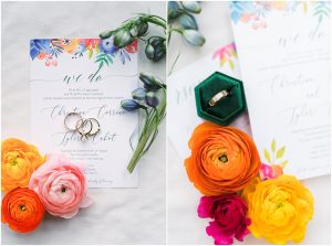 colorful wedding invitation flat lay