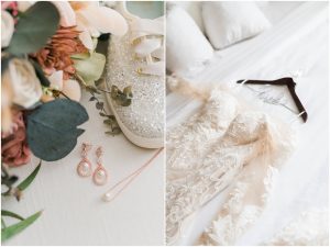 bridal details of bouquet, shoes and gown
